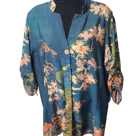 Cintron Santa Monica Asian Peacock Bonsai Teal Wearable Art XL Blouse - Picture 2 of 16